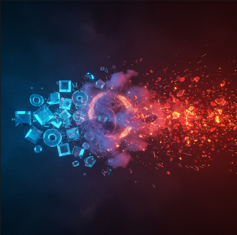 Orderly shapes dissolving into chaotic particles