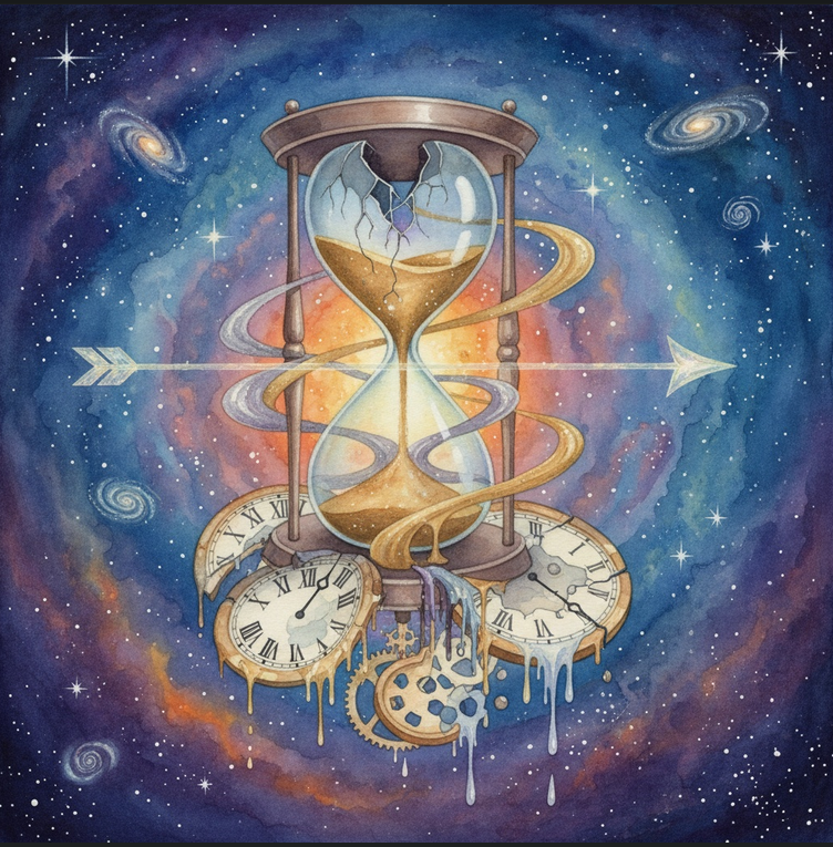 Broken hourglass symbolizing time’s arrow